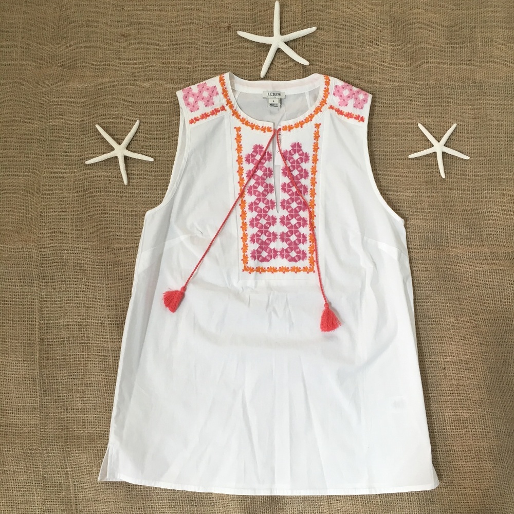 NWT J.Crew Embroidered Tassel Tank Top Size 2 White Pink Orange Boho Resort